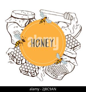 Honey label, frame or honey jar badge, engraving vector illustration isolated. Stock Vector
