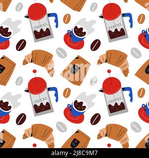 Coffee shop repeat pattern, french press, croissant and espresso, roast beans, hand drawn vector illustrations, seamless vector texture Stock Vector