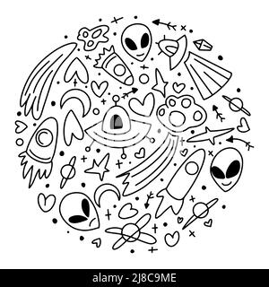 Vector Outer Space Sketch Doodle Set. Space. Set of doodle UFO elements on an isolated background. Stock Vector