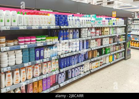 Huelva, Spain - May 10, 2022: Shelf of skin care in a supermarket Stock Photo