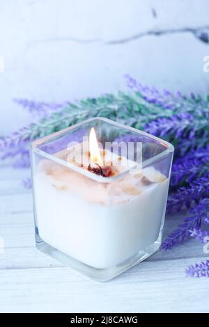 Burning scented candles for relax on table  Stock Photo