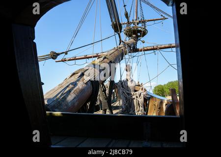 Details and fragments of the Replica of Batavia, the Dutch East Indies Company historic VOC cargo ship Stock Photo