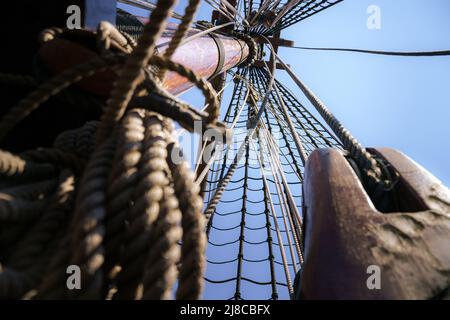 Details and fragments of the Replica of Batavia, the Dutch East Indies Company historic VOC cargo ship Stock Photo