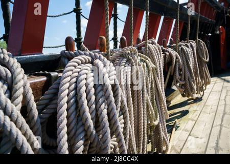 Details and fragments of the Replica of Batavia, the Dutch East Indies Company historic VOC cargo ship Stock Photo