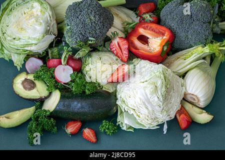 Close-up, bright fresh vegetables, fruits and berries. Stock Photo