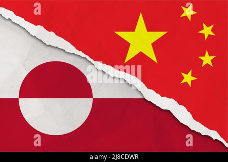 China and Greenland flag ripped paper grunge background. Abstract China and Greenland economics, politics conflicts concept texture background Stock Photo