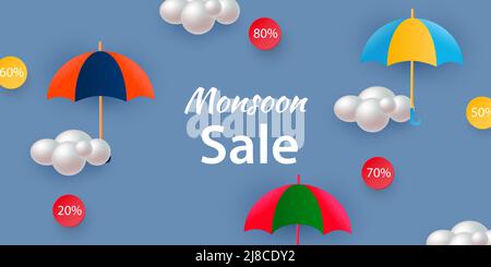 Poster template for Great Monsoon Sale design with colorful umbrellas and clouds. Vector Stock Vector