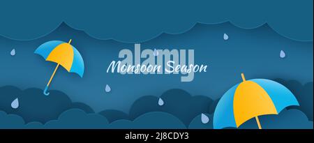 Poster template for Great Monsoon Sale design with colorful umbrellas embellished on paper cut blue clouds background. Vector Stock Vector