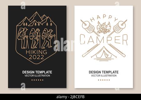 Happy camper. Happiness is toasted marshmallows. Hiking, mountain expedition badge. Vector. Set of Line art flyer, brochure, banner, poster with Stock Vector