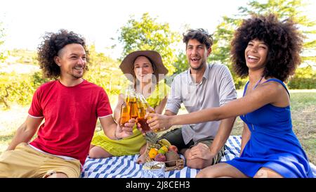 summer holidays outdoor picnic. multiracial group of friends having food and drinking beers laying on a blanket in a park garden. people happy hour en Stock Photo