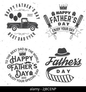 Happy Father's Day. Enjoy your day badge, logo design. Vector illustration. Vintage style Father's Day Designs with crown, gift, screwdriver, retro Stock Vector