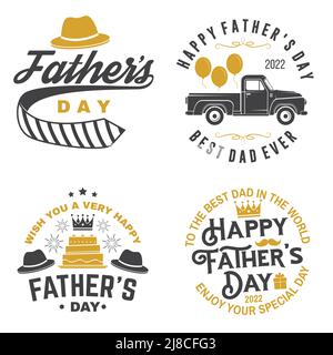 Happy Father s Day. Enjoy your day badge, logo design. Vector illustration. Vintage style Father s Day Designs with crown, gift, screwdriver, cake Stock Vector