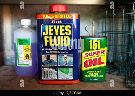 A can of Jeyes Fluid and 151 Super oil on a shelf in a garage in the U.K. Stock Photo