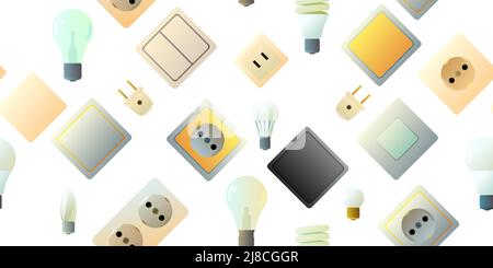 Sockets, switches and light bulbs. Electrical appliances for home network. Spare parts for work of an electrician. Isolated on white background. Seaml Stock Vector