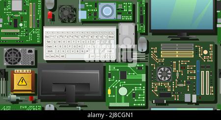 Big set of Spare part for personal computer. Horizontally seamless background. PC or laptop accessories. Keyboard, mouse and monitor. Board RAM memory Stock Vector