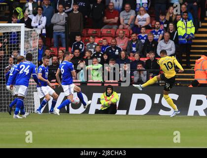 Watford, Herts, UK. 15th May 2022 ;   Vicarage Road, Watford, Herts,  England;  Premier League football, Watford versus Leicester City; Joao Pedro of Watford shoots and scores his sides 1st goal in the 5th minute to make it 1-0 Credit: Action Plus Sports Images/Alamy Live News Stock Photo