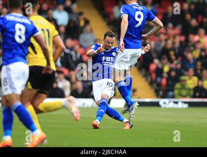 Watford, Herts, UK. 15th May 2022 ;   Vicarage Road, Watford, Herts,  England;  Premier League football, Watford versus Leicester City; James Maddison of Leicester City  shoots and scores his sides 1st goal in the 18th minute to make it 1-1 Credit: Action Plus Sports Images/Alamy Live News Stock Photo