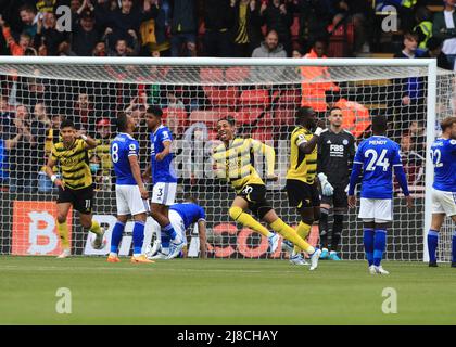 Watford, Herts, UK. 15th May 2022 ;   Vicarage Road, Watford, Herts,  England;  Premier League football, Watford versus Leicester City; Joao Pedro of Watford celebrates after scoring his sides 1st goal in the 5th minute to make it 1-0 Credit: Action Plus Sports Images/Alamy Live News Stock Photo
