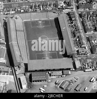 Aerial view of Fratton Park Football Ground, Fratton, Portsmouth, Hampshire, England, UK - photograph taken on 13th May 1985 Stock Photo