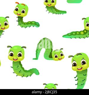 Caterpillar crawling. Seamless pattern. Wildlife object. Little funny insect. Cute cartoon style. isolated on white background. Vector. Stock Vector