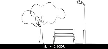 Bench in park near tree and lantern. Continuous One line minimalism style drawing. Vector illustration Stock Vector