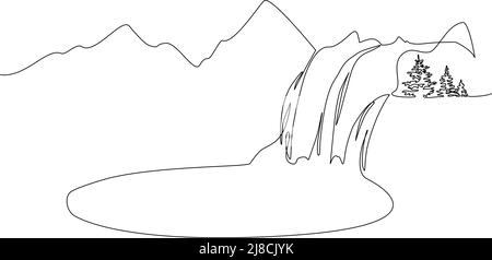 Continuous one line drawing. Landscape with mountains, waterfall and lake. Vector illustration Stock Vector