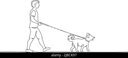 Continuous one line drawing. Young holding dog leash in walking. Vector illustration Stock Vector