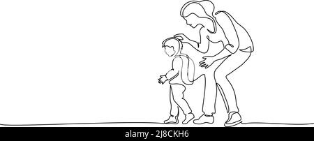 Continuous one line drawing. Happy Mother escorts her small son to first grade at school. Single line art of small family. Vector illustration Stock Vector