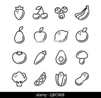 Cartoon hand drawn doodle style fruit and vegetable icons. Black and white line art. Cute simple pictograms, vector illustration set. Stock Vector