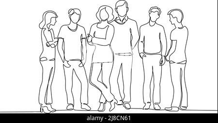 Continuous one line drawing. Group of Young teenagers standing with teachers together. Vector illustration isolated Stock Vector