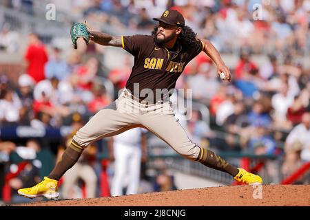 ATLANTA, GA - MAY 14: San Diego Padres catcher Jorge Alfaro (38) singles to  right field to drive in a run in the eighth inning of an MLB game against  the Atlanta