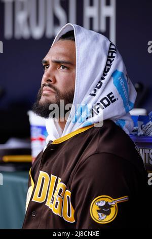 ATLANTA, GA - MAY 14: San Diego Padres catcher Jorge Alfaro (38) singles to  right field to drive in a run in the eighth inning of an MLB game against  the Atlanta