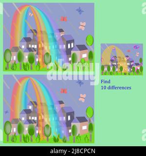 rebus find 10 differences for children up to 7 years old rainbow over houses Stock Vector