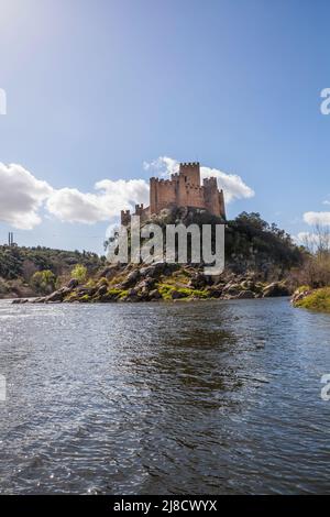 View from the banks of the Tajo River towards Almourol Castle, situated in the middle of an island. Center of Portugal Stock Photo