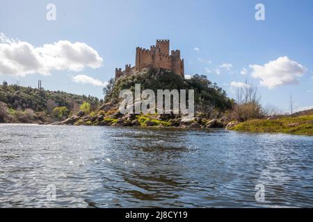 View from the banks of the Tajo River towards Almourol Castle, situated in the middle of an island. Center of Portugal Stock Photo