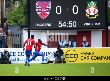 Dagenham and Redbridge's Junior Morias (right) celebrates scoring their side's first goal of the game during the Vanarama National League match at the Chigwell Construction Stadium, London. Picture date: Sunday May 15, 2022. Stock Photo