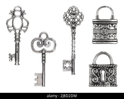 Set of vintage keys and locks isolated on white Stock Photo