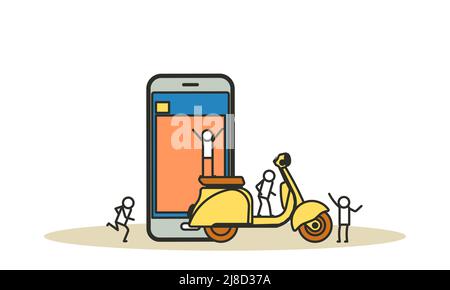 A man on a scooter uses a navigator on his phone to get to his destination vector illustration Stock Vector