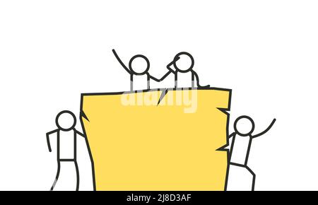 Standing people holding banner vector flat illustration. Character friend protest together blank. Group demonstration poster parade. Human activist co Stock Vector