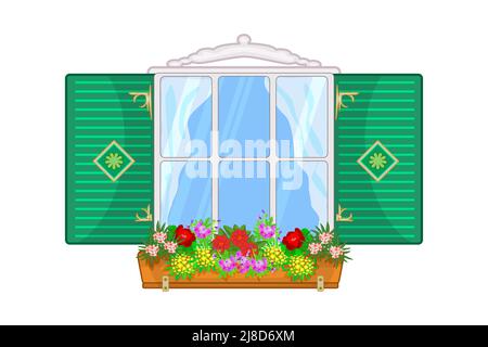 Window with shutters and flowers.Vintage wooden window with hanging flower garden.Window with curtains and flowering blossom. House facade with plants Stock Vector