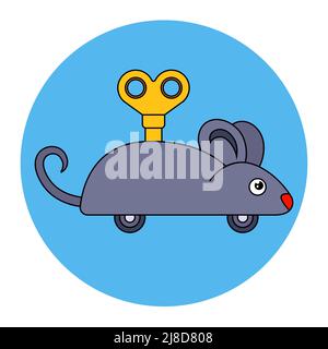 A clockwork gray mouse with a key on its back. Flat character vector illustration. Stock Vector