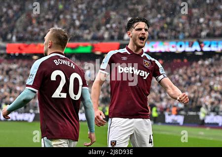 London UK 15th May 2022. Declan Rice (West Ham) celebrates he 1st West Ham goal during the West Ham vs Manchester City Premier League match at the London Stadium Stratford.Credit: Martin Dalton/Alamy Live News. This Image is for EDITORIAL USE ONLY. Licence required from the the Football DataCo for any other use. Credit: MARTIN DALTON/Alamy Live News Stock Photo