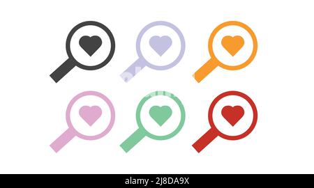 Magnifying Glass and heart icon set. Vector flat editable set of illustrations Stock Vector
