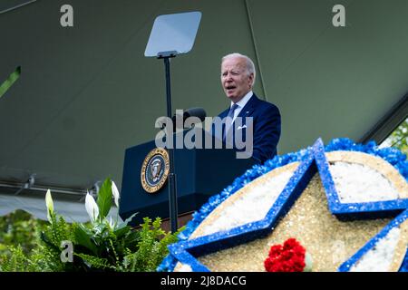 Washington, USA. 15th May, 2022. President Joe Biden delivers remarks at a ceremony to honor the law enforcement officers who lost their lives in the line of duty in 2021 at the National Peace Officers' Memorial Service at the US Capitol in Washington, DC, on Sunday, May 15, 2022. (photo by Pete Marovich for Pool/Sipa USA) Credit: Sipa USA/Alamy Live News Stock Photo