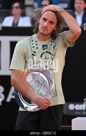 Rome, Italy. 15th May, 2022. Stefanos Tsitsipas of Greece with the trophy for the second place at the end of his final matchat the Internazionali BNL D'Italia tennis tournament at Foro Italico in Rome, Italy on May 15th, 2022. Photo Antonietta Baldassarre/Insidefoto Credit: insidefoto srl/Alamy Live News Stock Photo