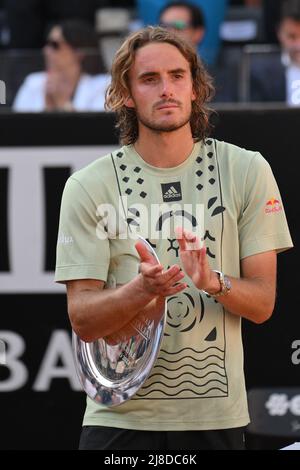 Rome, Italy. 15th May, 2022. Stefanos Tsitsipas of Greece with the trophy for the second place at the end of his final matchat the Internazionali BNL D'Italia tennis tournament at Foro Italico in Rome, Italy on May 15th, 2022. Photo Antonietta Baldassarre/Insidefoto Credit: insidefoto srl/Alamy Live News Stock Photo