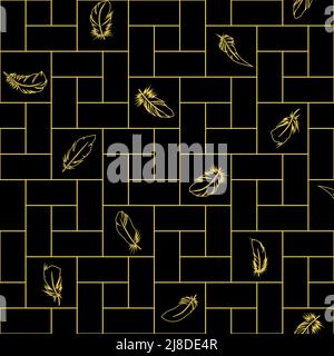 seamless black and gold geometric pattern of squares with feathers of different birds, design, texture, background Stock Photo