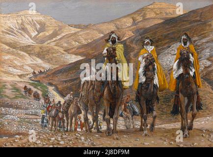 The Magi Journeying - The Three Wise Men of christian legend journeying in the desert to go and see Jesus. Painted by James Tissot. Stock Photo