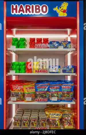 Larnaca, Cyprus - May 31, 2021: Haribo sweets stall in duty free shop of Larnaca International Airport. It is a German confectionery company founded 1 Stock Photo
