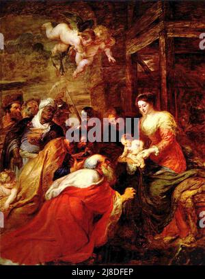 The Adoration of the Magi by Peter Paul Rubens. In this christian myth three wise men or kings come to visit the newborn jesus and acknowledge him as the messiah and son of god. Stock Photo